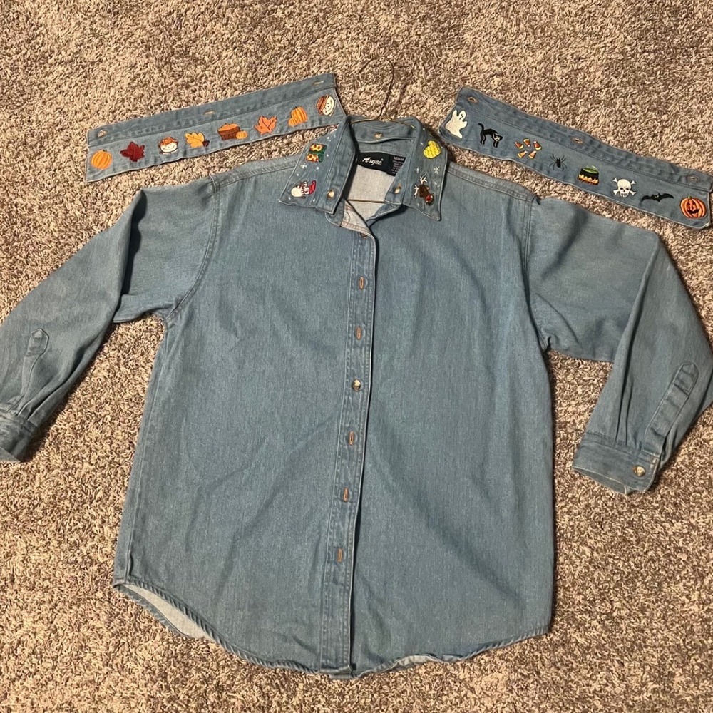 Argee Women Vintage Denim Button Down Interchangeable Holiday Collar Medium